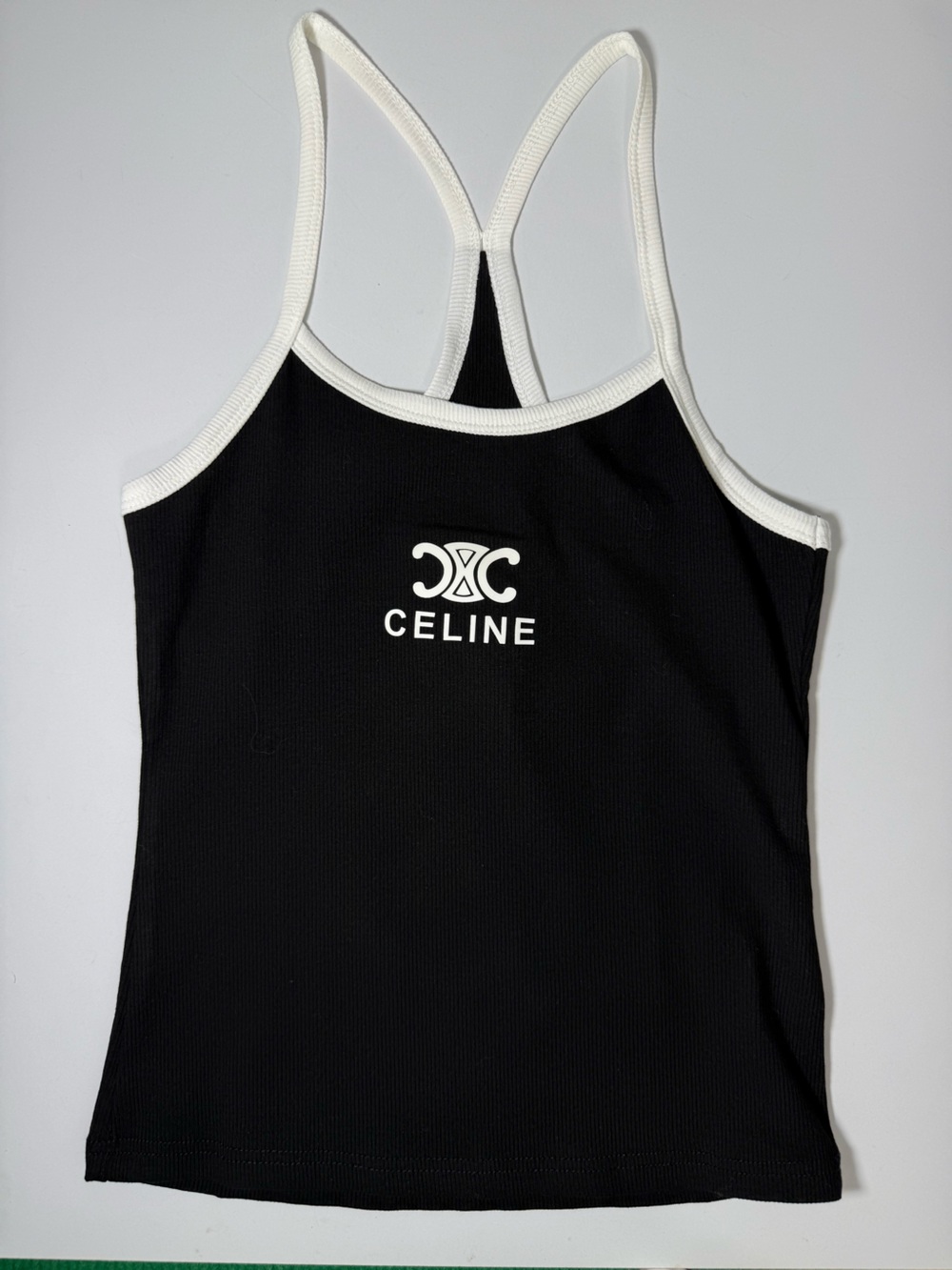 Celine Black Tank Top with White Trim and Logo